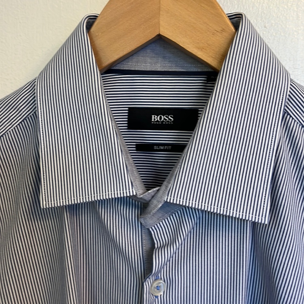 Hugo Boss Black and White Striped Casual Button Down Shirt